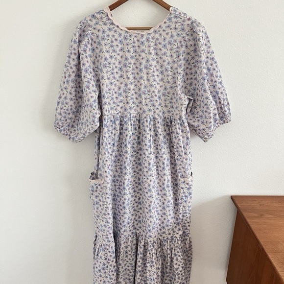 Damson Madder Floral Flower Cottagecore Puff Sleeve Open Back Dress 10UK/ 6 US - Picture 2 of 8